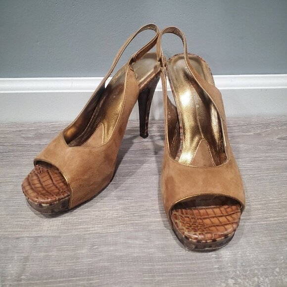 Donald Pliner Couture Gator Suede Leather Shoe Platform Pump Gold Peep Toe Sz 8M - Picture 1 of 16